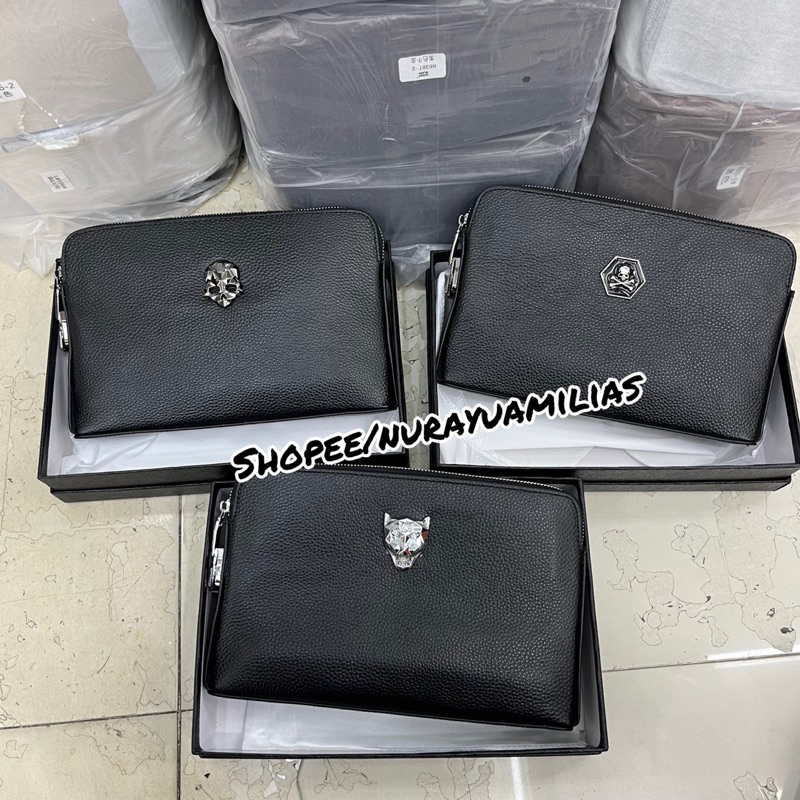 Clutch pria kulit asli Philip plein import dengan kode kunci clutch pria branded