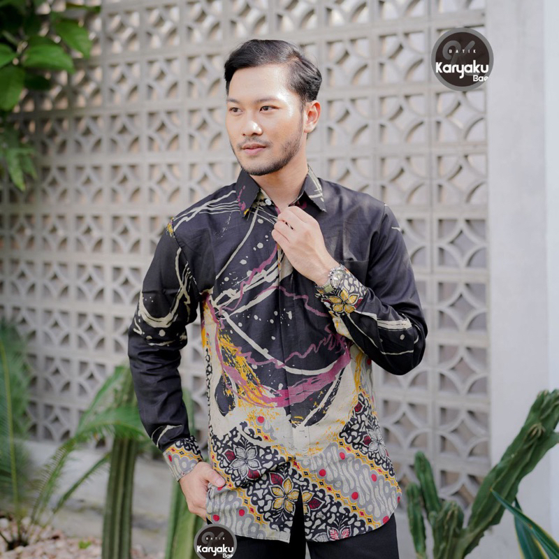 Kemeja Batik Pria Exclusive Lengan Panjang - Motif Abstrak Hitam Kuning