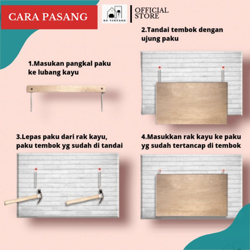 Ambalan dinding minimalis kayu tanpa bor untuk sudut atau dinding kamar mandi dan dapur warna merah de vintage