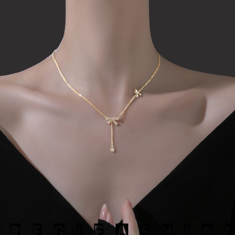 { COD } Kalung Titanium Wanita Korea Liontin Pita Permata Jurai Kalung Wanita Titanium Asli Anti Karat Tidak Luntur