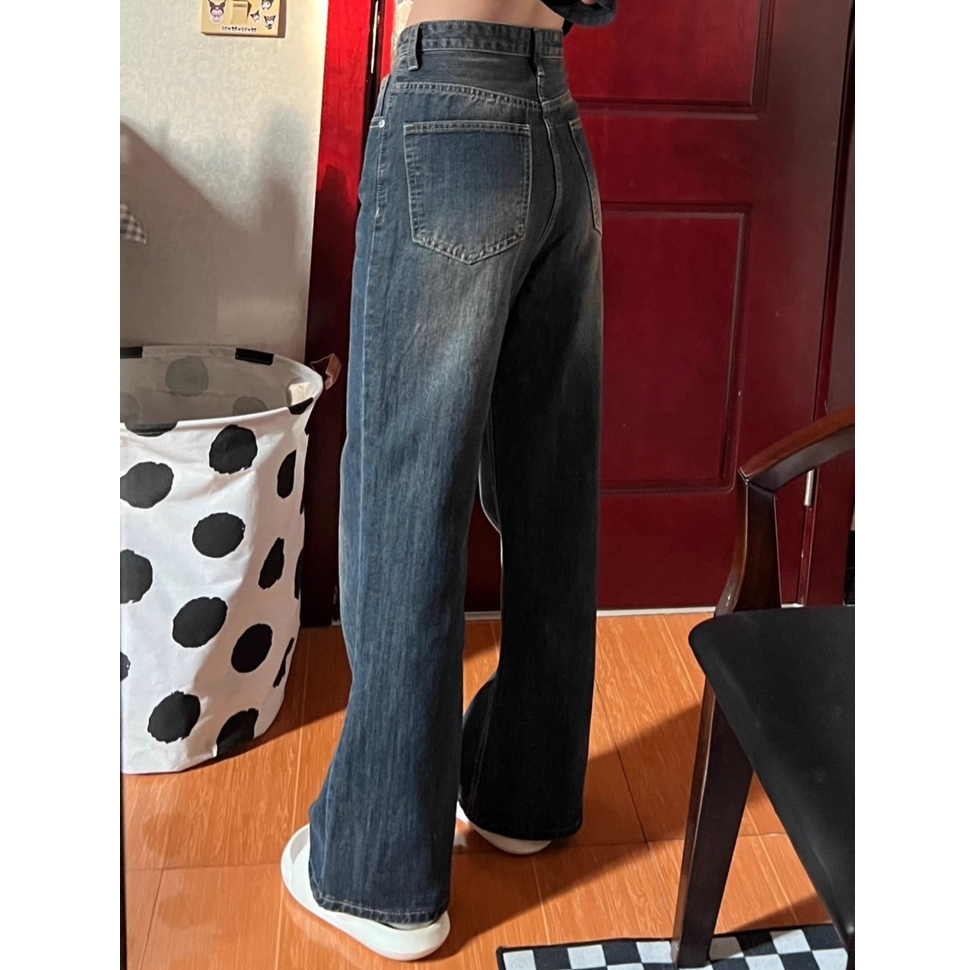 Biru Retro Highwaist Celana Cutbray Jeans Wanita Loose Kekinian