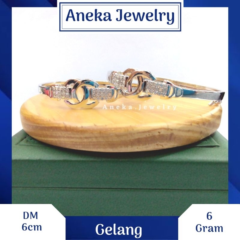 Gelang Pipa Ukir Mata Baris, Sepuh Emas Putih, Perak 925