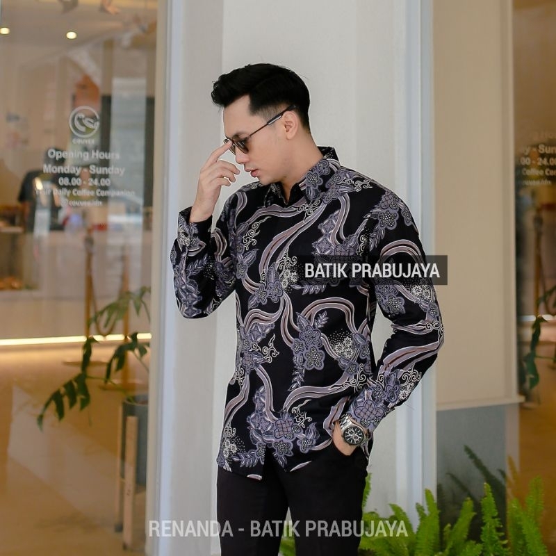 RENANDA Kemeja Batik Pria Modern Slimfit Premium Dewasa Lengan Panjang Full Furing - Baju Hem Batik Pria Slim fit Hitam Cowok Kondangan Pesta Kerja