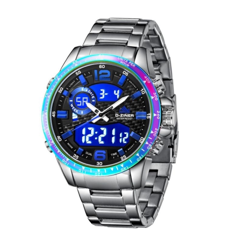 JAM TANGAN PRIA DZINER 8306 DOUBLE TIME RANTAI STAINLESS STEEL WATER RESISTANT 30M JAM TANGAN KECE J