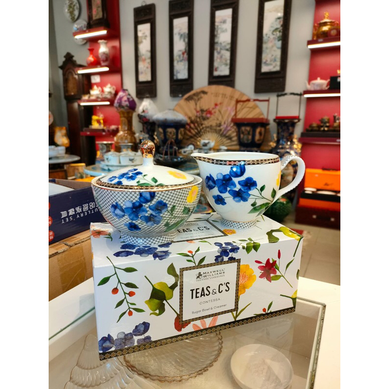 Maxwell & Williams Contessa Sugar Bowl & Creamer Set/set tempat susu & gula bunga biru