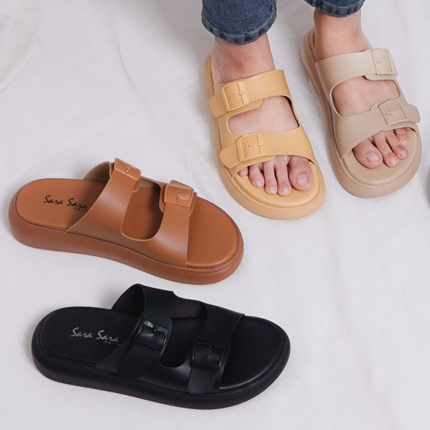 SARASARA YUK - JOI Sandal Wanita Wedges Birken Tinggi 3cm Size 36 - 40 Casual Sendal Cewek Platform Gesper 37 38 39 untuk Jalan Pergi Santai Slop Warna Black Hitam Putih White Selop Premium Original Sara Sara Kekinian Terbaru Shoes ORI Mall Official Store