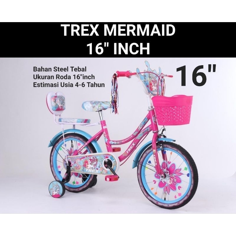 SEPEDA ANAK MINI KERANJANG TREX MERMAID 16 INCH USIA 4-6 TAHUN SEPEDA MINI ANAK 16INCH RODA BANTU RODA SAMPING