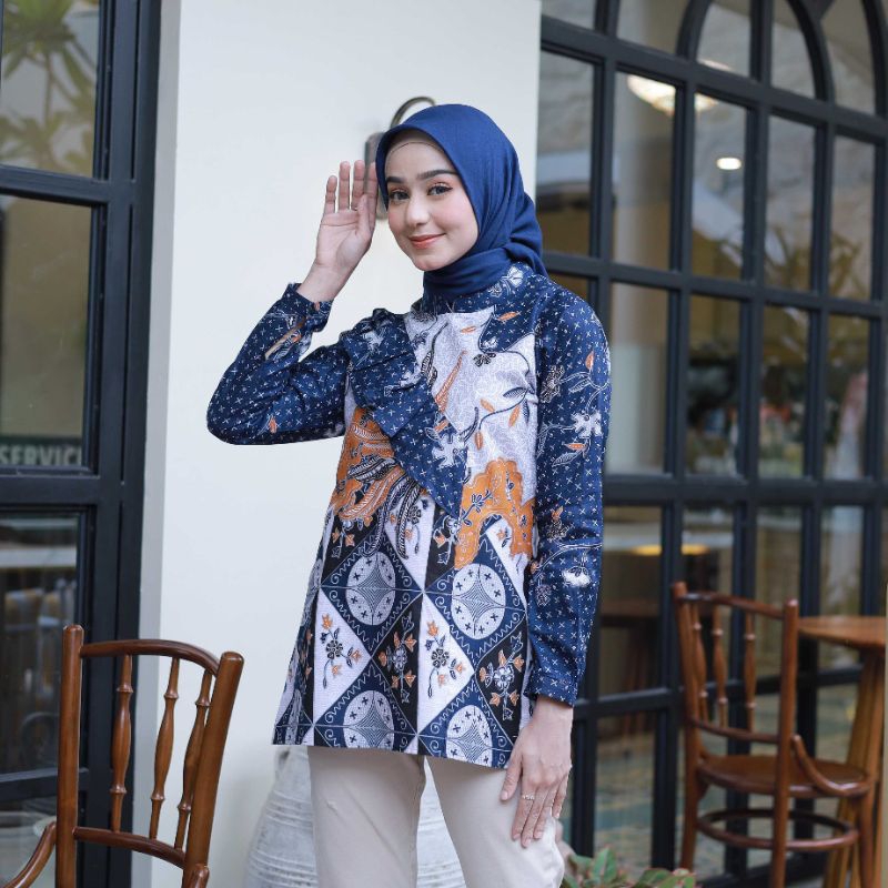 Blus Batik Wanita Modern Atasan Batik Wanita Lengan Panjang Blus Kekinian MOTIF MERAK REMPEL