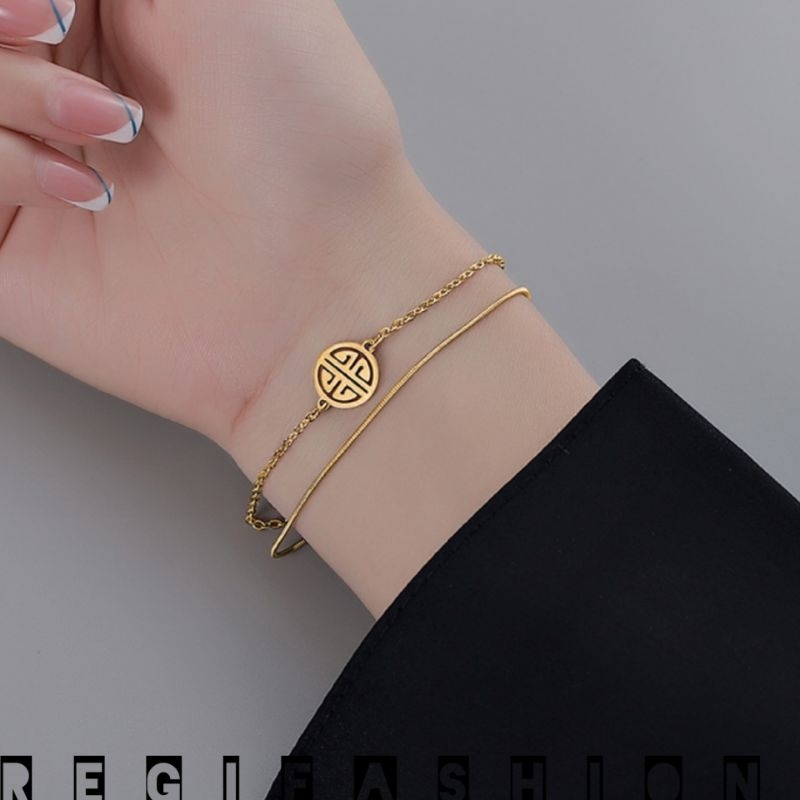 Gelang Titanium Wanita 2 Layer Liontin Bulat Korea Gelang Wanita Titanium Asli Anti Karat Tidak Luntur