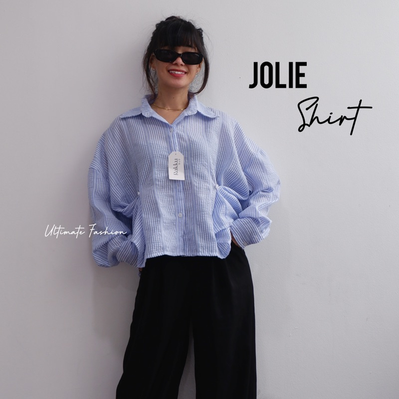 Jolie Shirt Crinkle Katun Import - Kemeja Oversize Jumbo Wanita - Striped Shirt Rakku 281