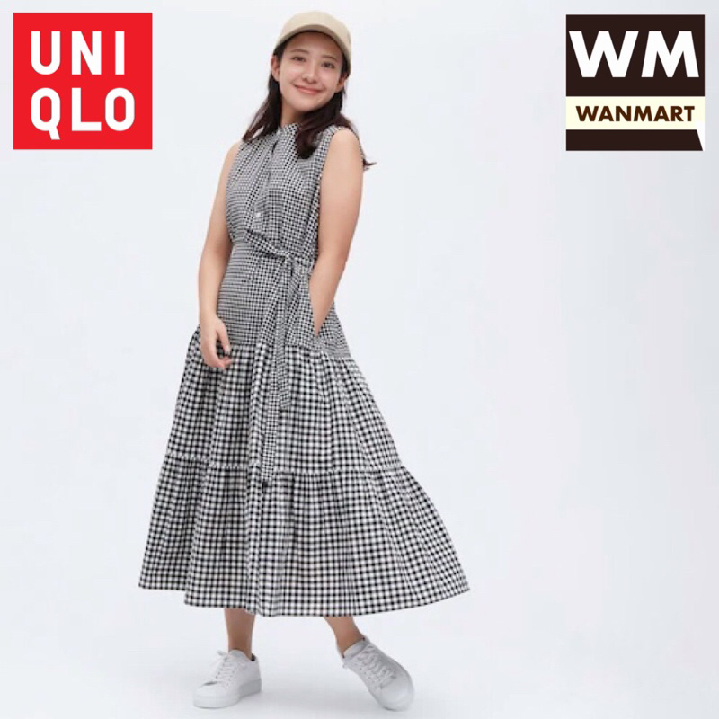 UNIQLO Women Dress Gaun Wanita Katun Slub Tanpa Lengan Black