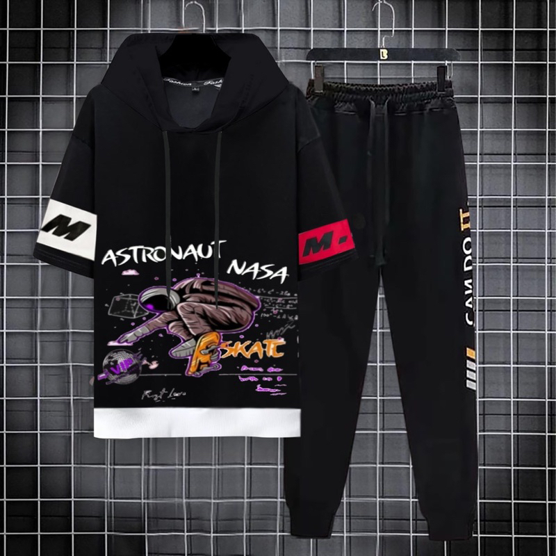 SETELAN HOODIE ASTRONOT NASA LENGAN PENDEK STELAN COWOK + CELANA JOGGER PRIA