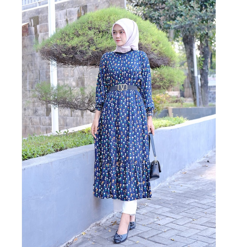 Midi Dress Katun Rayon Motif Pattern Twill Free Belt Busui Friendly Premium - Dress Wanita GAMIS BASIC / GAMIS RAYON POLOS / GAMIS PLAIN SUSUN / GAMIS CANDA / GAMIS HITAM POLOS