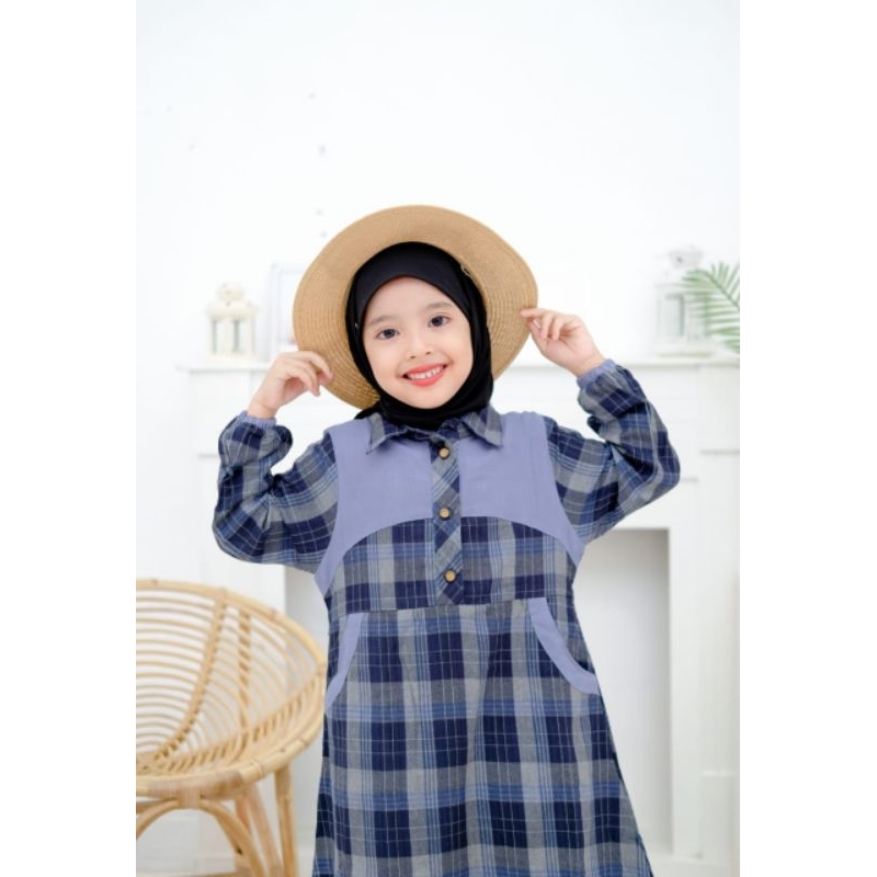 Zaja - Busana Muslim Anak Perempuan Motif Kotak-kotak Kombinasi Polos Untuk Anak 4-12 Tahun / Baju Gamis Anak-anak Terbaru &amp; Lucu / Fashion Muslim Anak-anak / Gamis Flanel Terbaru