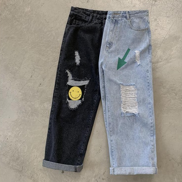 Celana jeans pria sobek hitam korean style fashion celana robek jins smiley straight baggy jeans oversize celana gombrang celana panjang cowok cutbray jeans boyfriend jeans2023