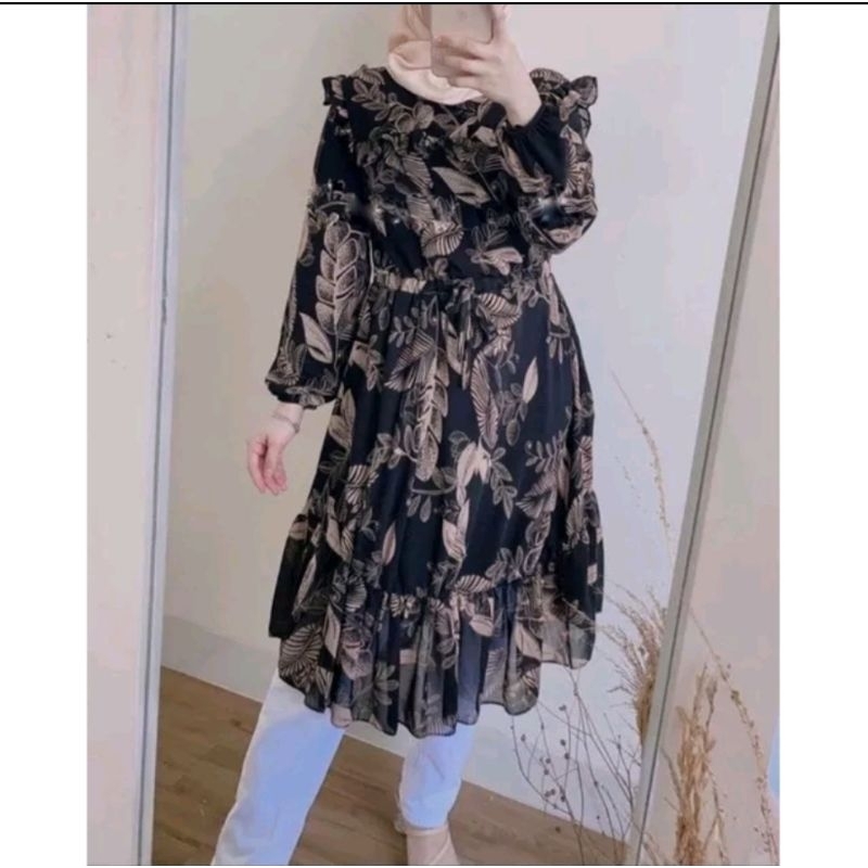 TUNIK FINA HITAM /* BAJU TUNIK WANITA / SALA FULL KANCING TALI MOSCREPE PREMIUM