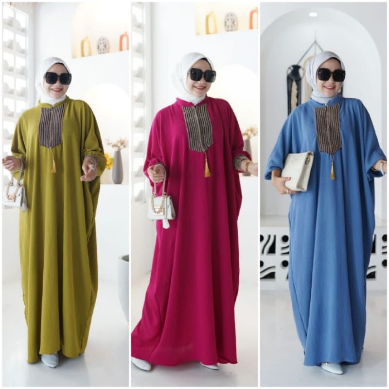 BISA COD RAYA KAFTAN BAJU KAFTAN CRINGKLE AIRFLOW RENDA TALI TASEL BUSUI ZIPPER RESLETING GAMIS ABAY