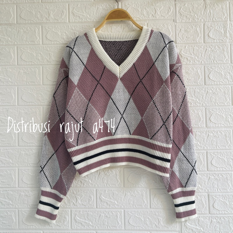 DERYN SWEATER Rajut Motif ketupat Sweater Wanita Import Leopard Kardigan Korea Knit Halus Motif