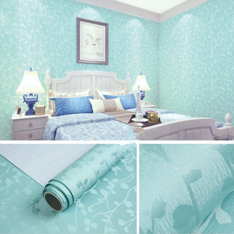 Wallpaper Dinding Wallpaper Sticker Dinding Warna Biru Polos Bertekstur Salur Daun Cocok Untuk Ruang