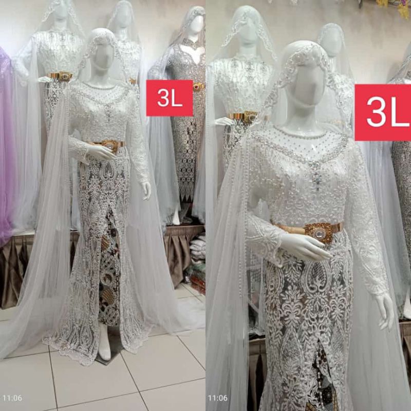 kebaya pengantin akad nikah full Payet depan belakang mobil blah satu 1 set rok selayer bahu kerudung bahan elisab)