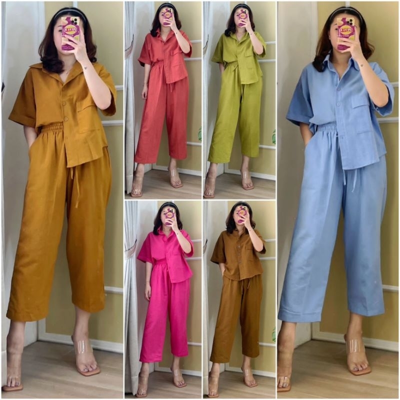 ♡ PREMIUM ♡ ORIGINAL ! NICOLLA 2 IN 1 PLAIN SET COLLAR BUTTON POCKET SHIRT WITH MIDI PANTS / SETELAN KEMEJA &amp; CELANA SELUTUT ( BUSUI FRIENDLY )