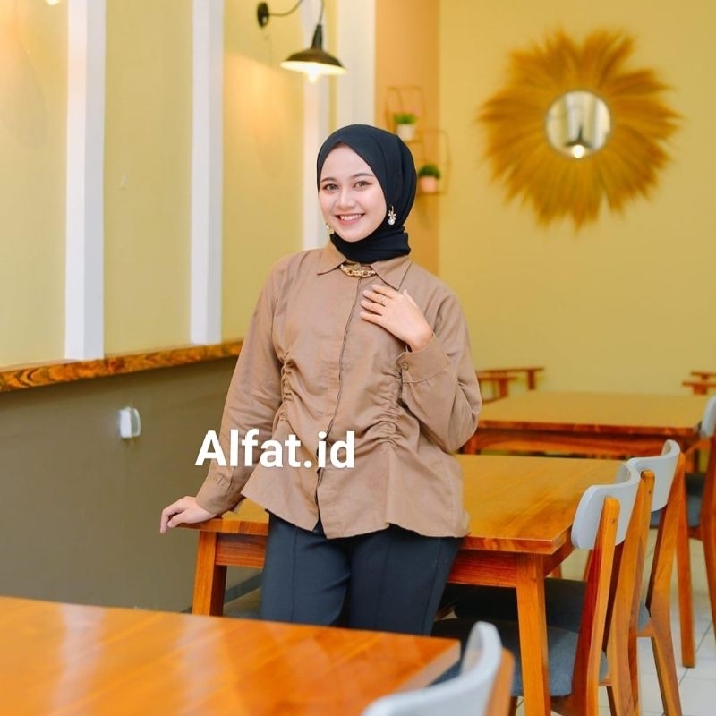 BECCA Ruched Shirt-Kemeja Linen - Kemeja Serut Wanita