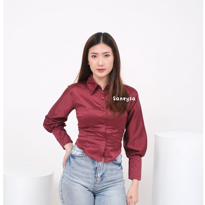 Orlin Kemeja Korset Wanita - Corset Shirt Long Sleeve - Atasan Kemeja Puff Blouse Top Wanita - Kemeja Kerja Wanita - Kemeja Corset Lengan Panjang - Blouse Satin