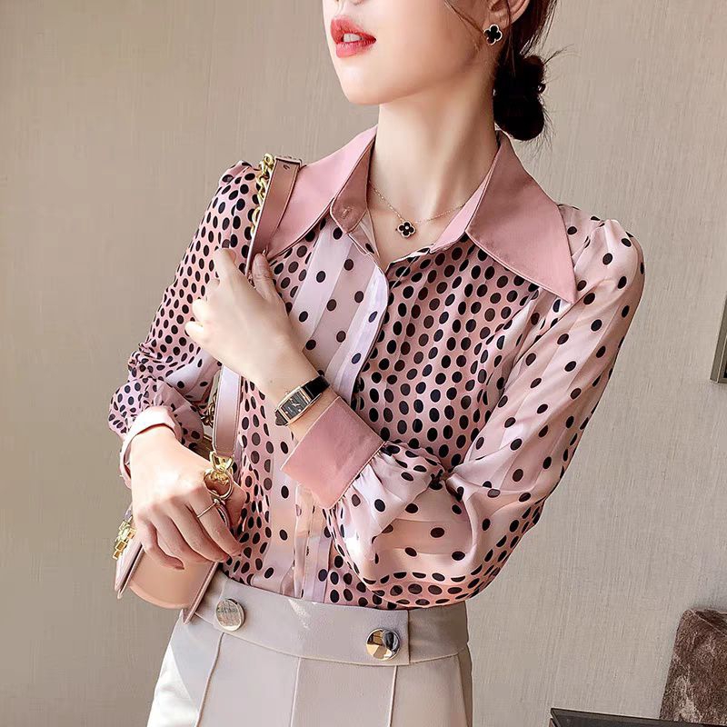 2130 Baju atasan kemeja blouse HIDDEN BUTTON shirt lengan panjang polkadot pink Korea Korean style w
