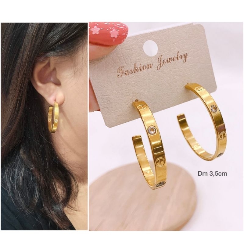 Anting Titanium Asli kilau mirip emas asli Premium Quality Anti Karat Anti Alergi Earling Branded Band Stainless Steel Ori Ant03