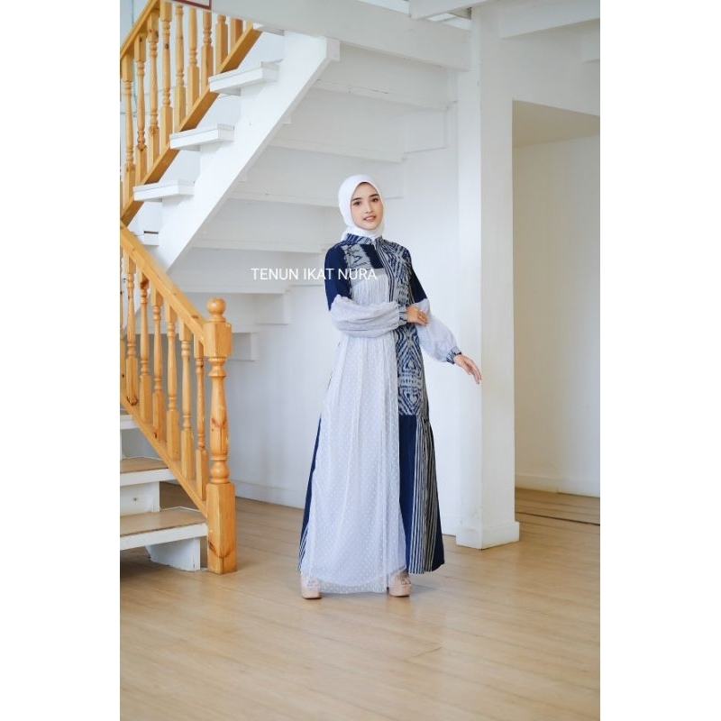 ( READY STOK ) DRESS AURORA NAVY Couple Tenun Baju Lebaran Baju Kondangan