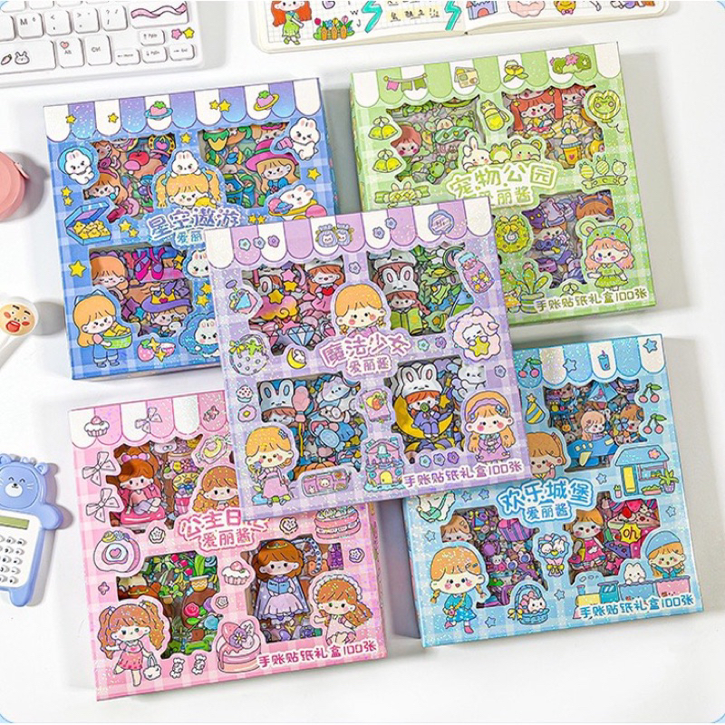 Stiker Korea viral isi 100 pcs scrap book motif momo girl sticker decor asthetic ellie sticker princess stiker kartun korea lucu