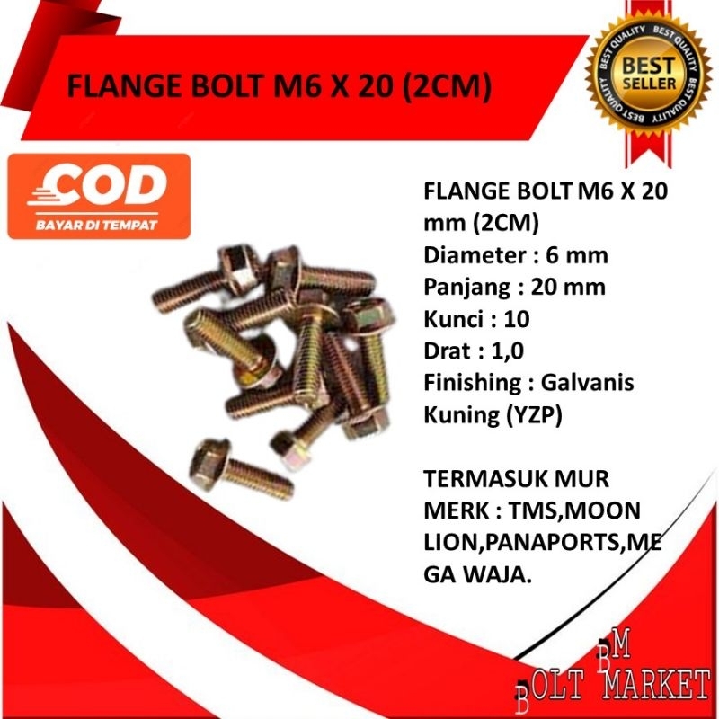 FLANGE BOLT KUNINGAN M6 X 20 2cm/Flangebolt m6x20 / Baut Mur Topi Kuning M6 Kunci 10