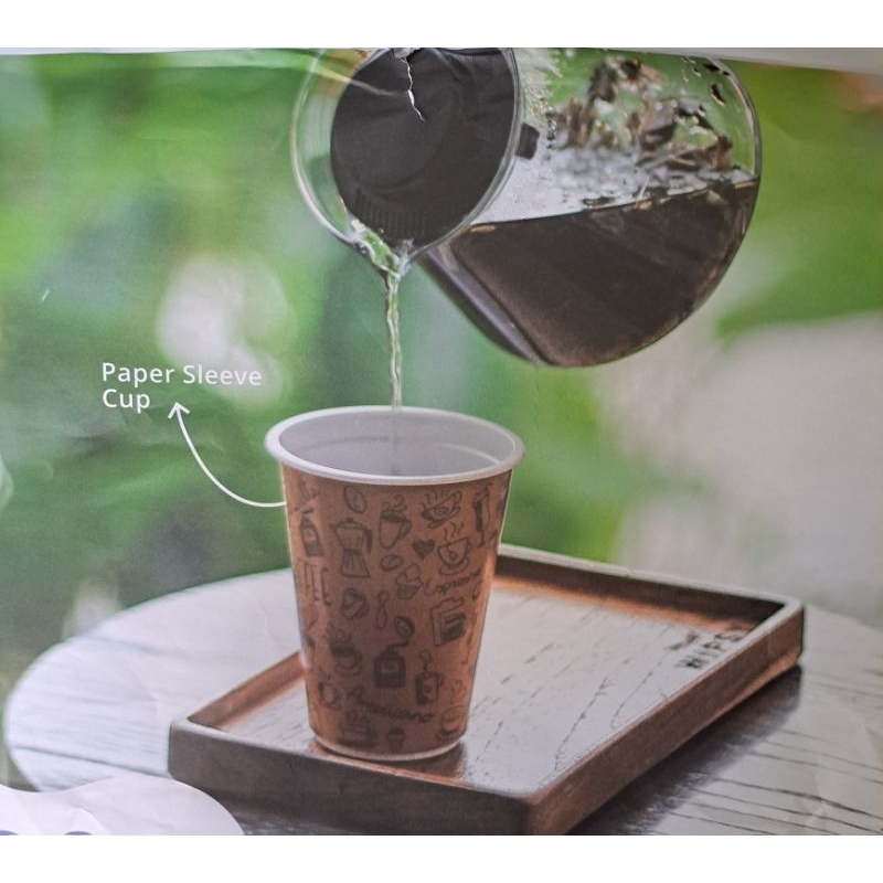 #ECER ✅ plastic cup white + paper slave motif brown Starindo. 25pcs per pak
