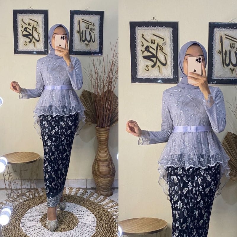 SETELAN KEBAYA AURORA TILLE + ROK PLISKET BATIK DEWASA PANJANG UKURAN JUMBO BAJU KEBAYA WANITA MUSLI