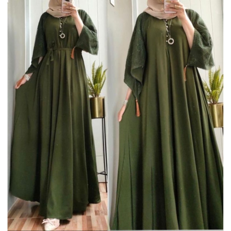 LUNA MAYA DRESS BAHAN SHAKILA/ GAMIS HIJAU ARMY/ GAMIS LEBARAN/ GAMIS KONDANGAN