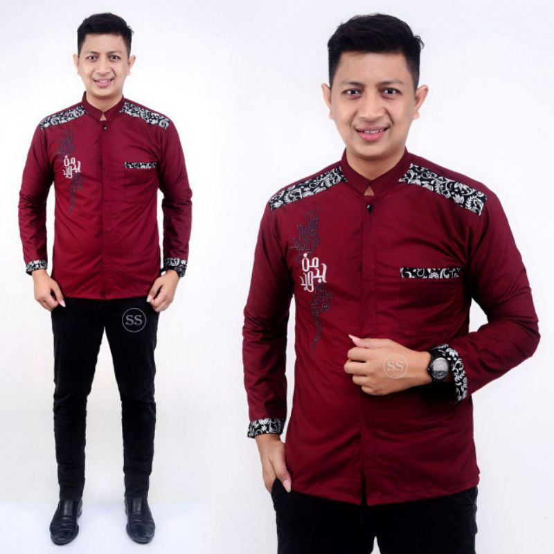 BAJU KOKO PRIA BORDIR KOMBINASI KEMEJA BATIK PRIA POLOS WARNA MERAH MARUN LENGAN PANJANG