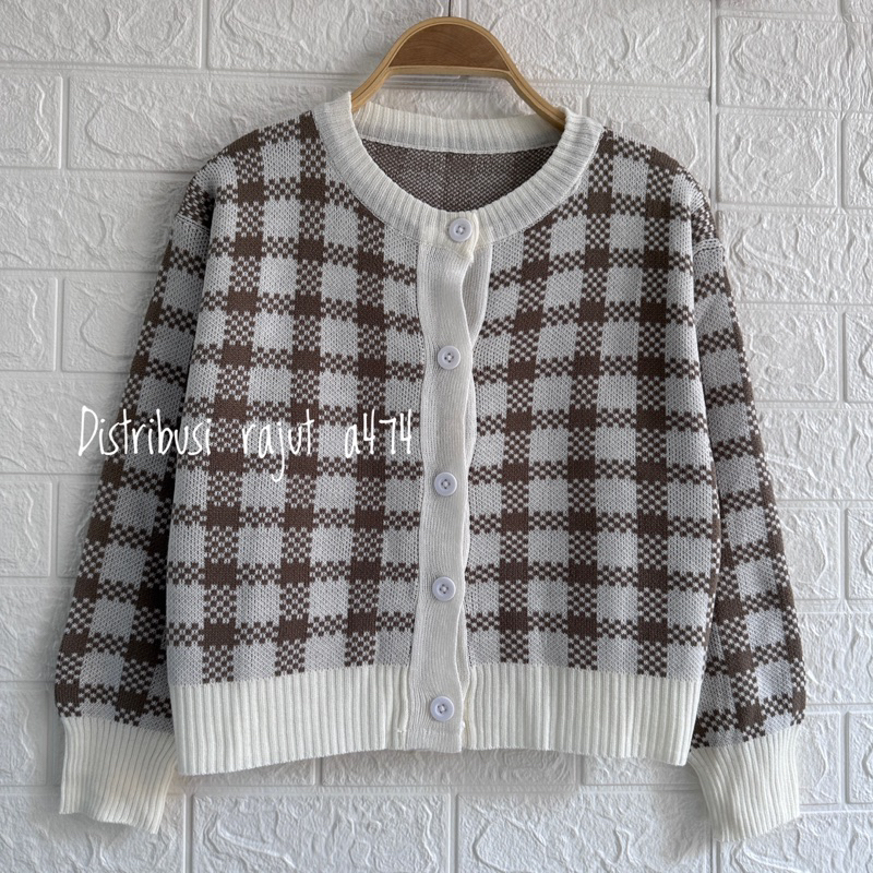 MAY CARDIGAN RAJUT KANCING CROP TOP MOTIF KOTAK KOTAK