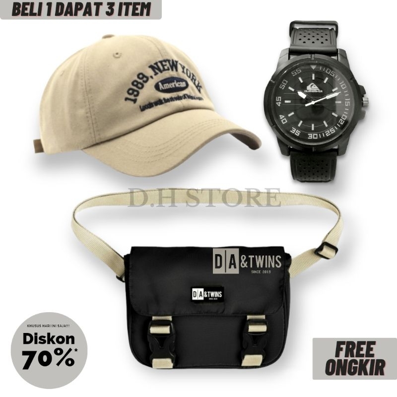 New Arival 4 in 1,Tas Salempang pria,Paket Bundling 4 in 1 sling bag pria gratis jam topi dan dompet-PAKET 3 IN 1