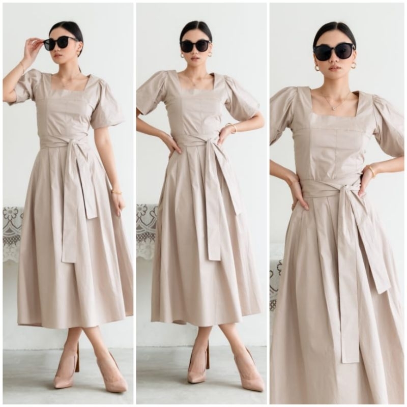 ♡ PREMIUM ♡ ORIGINAL ! ALLEANDRA 3 IN 1 PLAIN  SET SQUARE NECK PUFF SLEEVE BLOUSE WITH MIDI  FLARE SKIRT + OBI BELT