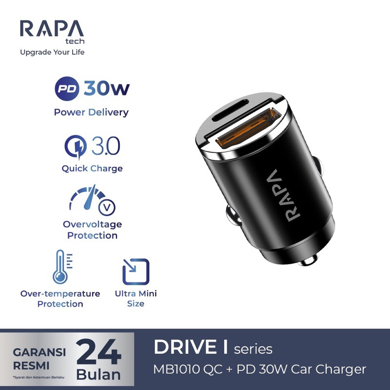 CAR CHARGER Original Rapa Tech DUAL PORT USB 30W PD SUPER FAST CHARGING 30 WATT CHARGER MOBIL (DRIVE I MB-1010)