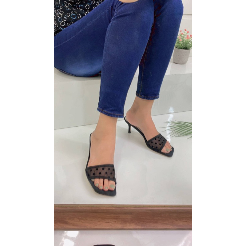 Sepatu Jaring Bintik Hak Tinggi Wanita ZR Mesh Polkadot High Heels 6cm Premium Import, Hitam Black, 