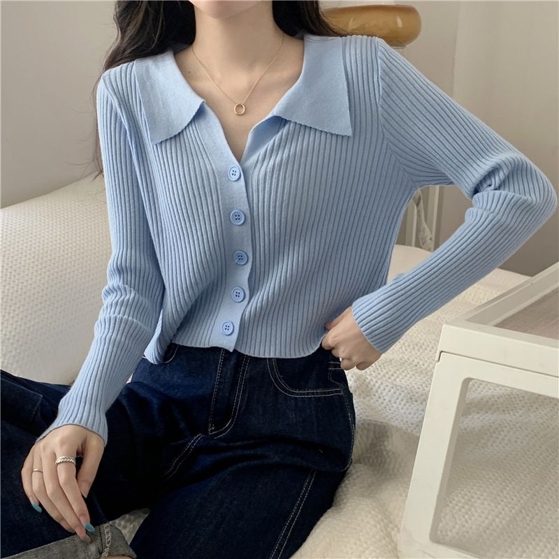 Atasan Rajut Wanita Import Poloshirt Knitwear Fashion Korean Crop Long Sleeve Knit Top Atasan Crop Atasan Korean Style Wanita