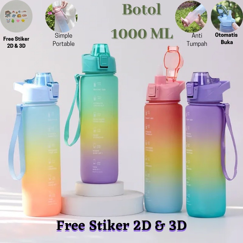 BOTOL VIRAL GRADASI PELANGI 1L BUAT SEKOLAH DAN TRAVELING INCLUDE STIKER 2D &amp; 3D