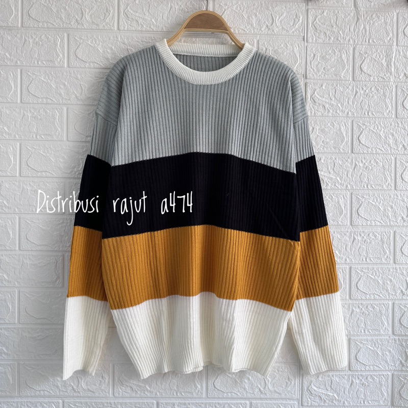 NAWAITU SWEATER RAJUT OVERSIZE MOTIF GARIS BLASTER STRIPE ATASAN LENGAN PANJANG