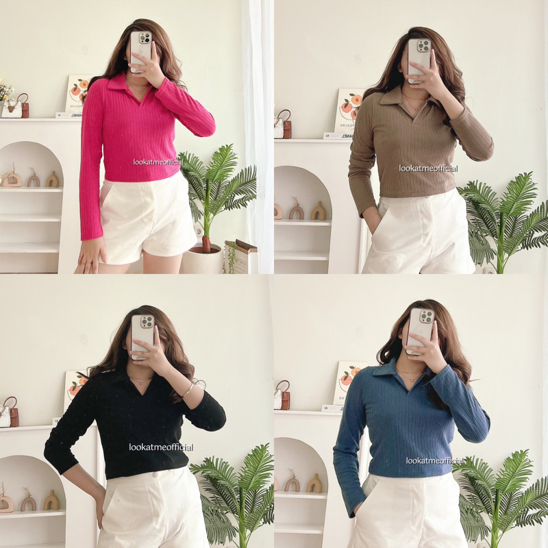 lookatmeofficial - Berlin Knit Crop Polo Top - Atasan Basic Lengan Panjang