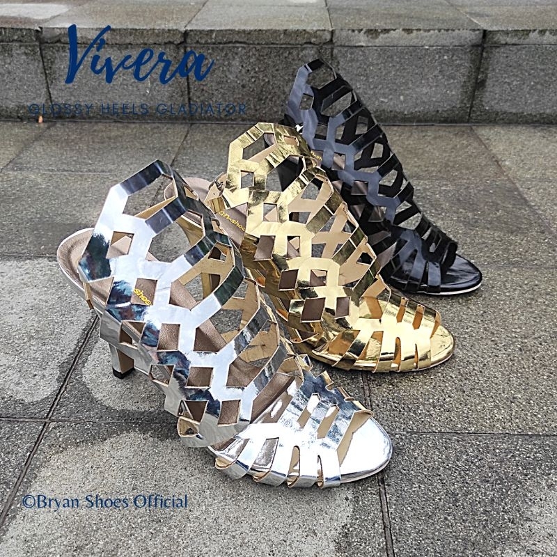 Bryan Vivera Heels 9cm Glossy Lasercut Gladiator Spider Pesta Sepatu Hak Pump Tinggi Hak Runcing