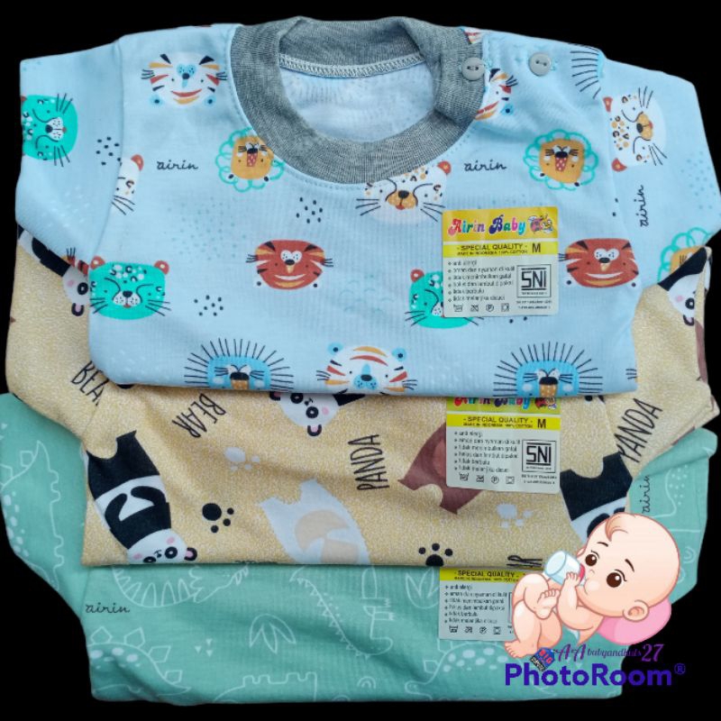 AIRIN BABY 3PC Kaos Oblong Bayi Kancing Pundak Full Print Warna Lembut dan SNI Ukuran M L