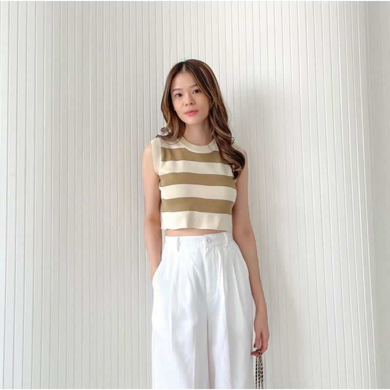 GIANA STRIPES KOREAN KNIT TOP - SOFT KNIT BASIC - RIB INNER CROP TOP - ATASAN TANGAN PENDEK - BAJU GARIS GARIS KOREA - BLOUSE RAJUT WANITA - HADIAH / KADO ULTAH WANITA