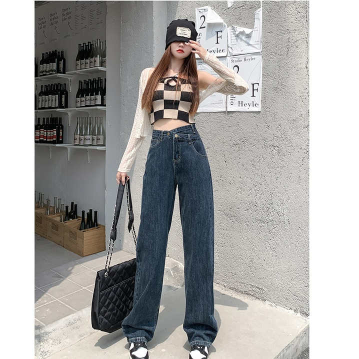 EUNII Celana Jeans Wanita Retro Boyfriend High Waist Korean Style