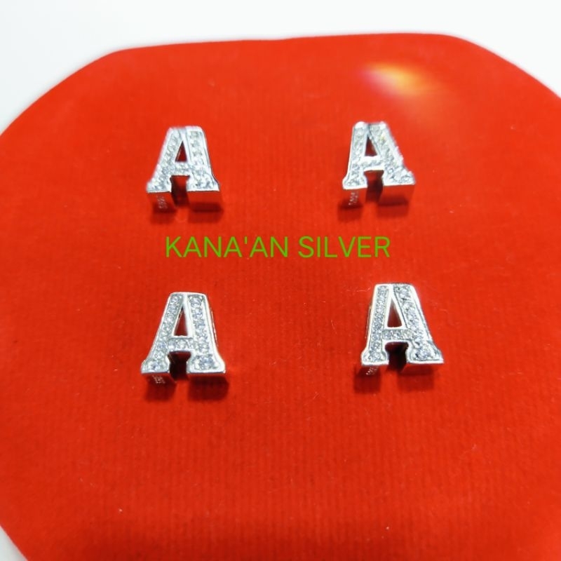 Liontin perak asli 925 /buah kalung model tusuk huruf (A) mata zircon putih kilau /Silver lapisan em
